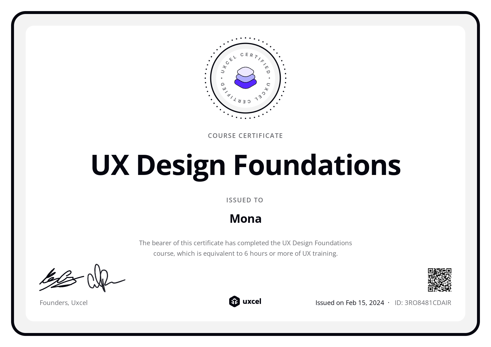 Monika Kubicz's certificate